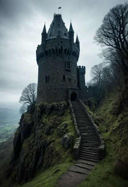 <lora:TheWeirdies_epoch_10:0.78>, epiCPhotoGasm-colorfulPhoto , advntr ,
score_9, score_8_up, score_7_up, score_6_up
Durlag's Tower was a large tower that was said to be haunted by a powerful entity, as well as one that housed immeasurable treasure. ((game of thrones aesthetic, cinema still from dynamic scene, sweeping vista overlook)),, son of Bolhur the Clanless, Many adventurers sought his treasure over the decades, with varying degrees of success. Around 1372 DR, rumors said a fiend had taken up residence within the remains of the tower and used the defenses created by Durlag to keep both itself and the treasure safe. Some claimed that this creature was a lich.
no humans
((massively large towering fortress, dark woods surround, built of volcanic stone, mountain, dark, ballistas on the battlements))