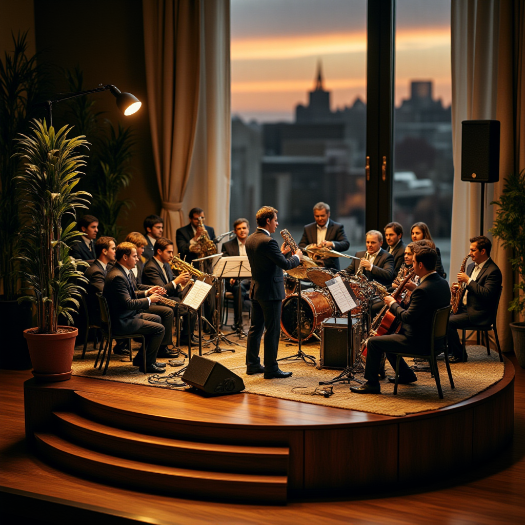 A miniature diorama of a jazz band playing on stage. 18 members in matching suits are engrossed in their performance. It's the ultimate artistic moment, everyone is immersed in the joy of sound. Magical night, Focus on conductor (1.5), Close-up of conductor (1.6), Close-up of conductor, Window at dusk, <lora:Flux.1_Turbo_Detailer:0.7>, <lora:Diorama_Flux:1>