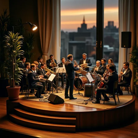 A miniature diorama of a jazz band playing on stage. 18 members in matching suits are engrossed in their performance. It's the ultimate artistic moment, everyone is immersed in the joy of sound. Magical night, Focus on conductor (1.5), Close-up of conductor (1.6), Close-up of conductor, Window at dusk, <lora:Flux.1_Turbo_Detailer:0.7>, <lora:Diorama_Flux:1>