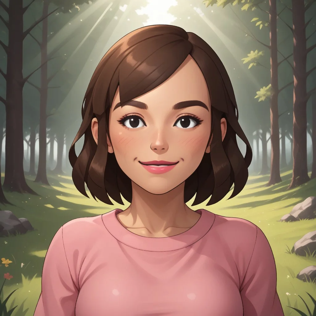 score_9, score_8, BREAK, solo, mii, wii u, female mii, 1girl, wii sports club, mature woman, brown hair, blush, black eyes, pink lips, lipstick, pink clothing, black pants, shoes, Masako_(\Wii_Sports_Club\), cute, medium breasts, Nintendo Mii, modern_mii, classic_mii, facial feature, sexy pose, smile, outdoors, sunlight, shadows, evening lighting, natural lighting, forest, trees, grass, orange sky, sunset
