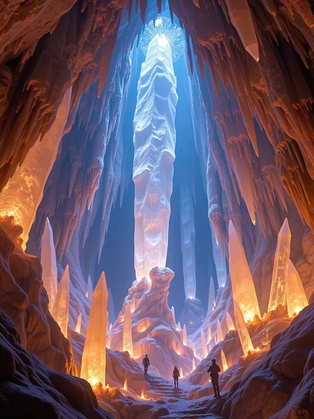 Crystal caves with shifting gravity. Massive, glowing crystals hanging from the cave ceiling and sprouting from the ground, creating a labyrinth of shimmering light. Gravity shifts unpredictably, with some crystals floating in mid-air while others weigh heavily into the ground. People walk upside down on the crystal formations, their movements slow and dreamlike. The air is filled with glowing particles, and the sound of resonating crystal echoes throughout the caverns, creating a surreal, otherworldly environment.