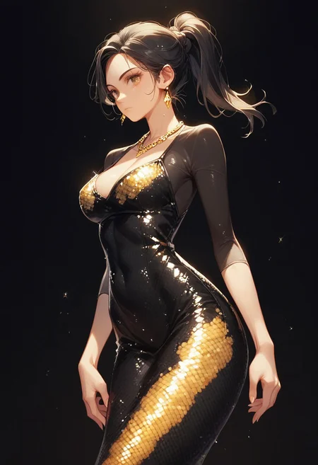 score_9, score_8_up, score_7_up, score_6_up,
1girl, black hair,ponytail hair, eve_girl_v1,black_evening_dress, mermaid dress, sequin black dress,bodycon,
gold necklace,gold diamond earrings,standing,
(sample background:1.2),(black background:1.2),
cowboy shot,