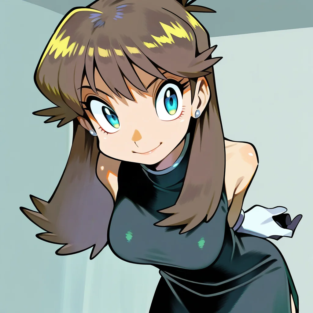 masterpiece, best quality, amazing quality, BREAK bluepokespe, long hair, 1girl, light smile, solo, brown hair, blue eyes, sleeveless dress, black dress, white gloves, looking at viewer, arms behind back, leaning forward, earrings, upper body, medium breasts, hands behind back, <lora:Blue:1> <lora:PokemonAdventuresNoobLocon_byKonan:1>