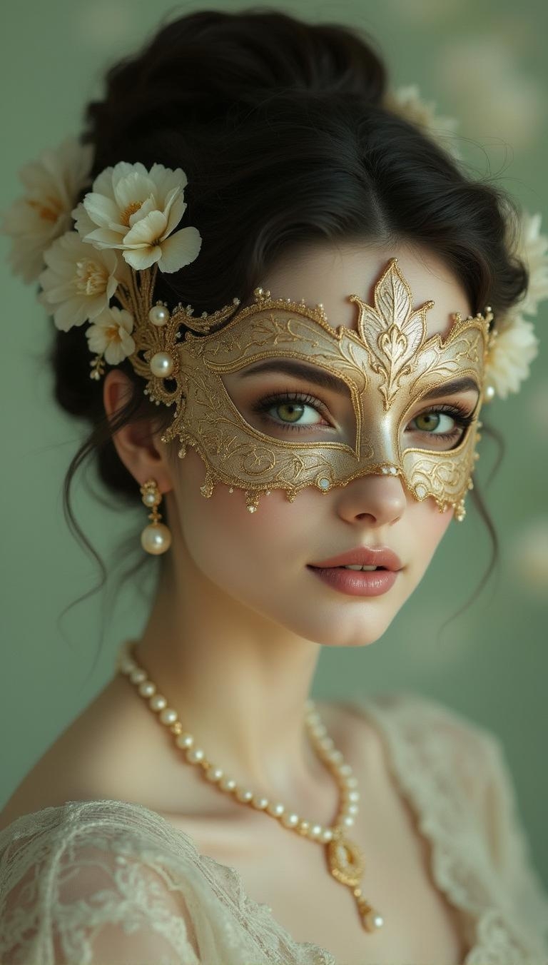 <lora:111622.safetensors:1> Epic ImageA healthy woman with pale complexion wears an elaborate gold-leaf mask with lacework and pearl accents. Her dark hair is styled in an elegant updo adorned with white flowers, complemented by delicate gold jewelry including a pearl necklace and earrings. The background is softly blurred in pastel green tones, evoking the atmosphere of a luxurious, vintage masquerade ball.