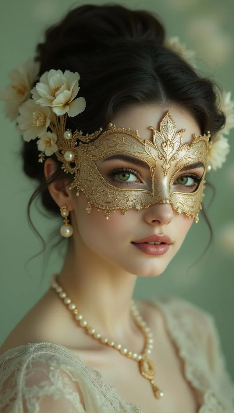 <lora:111622.safetensors:1> Epic ImageA healthy woman with pale complexion wears an elaborate gold-leaf mask with lacework and pearl accents. Her dark hair is styled in an elegant updo adorned with white flowers, complemented by delicate gold jewelry including a pearl necklace and earrings. The background is softly blurred in pastel green tones, evoking the atmosphere of a luxurious, vintage masquerade ball.