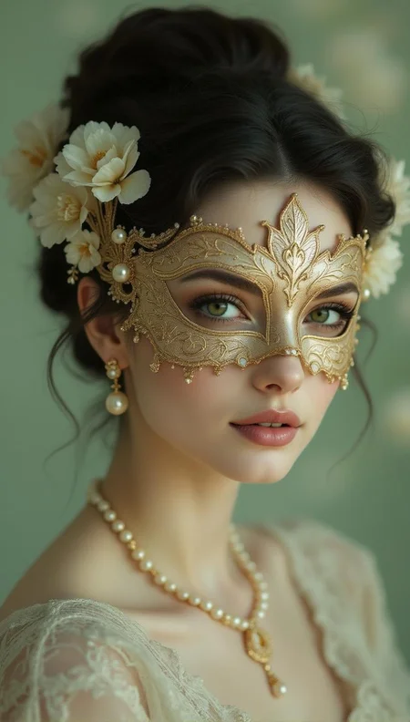 <lora:111622.safetensors:1> Epic ImageA healthy woman with pale complexion wears an elaborate gold-leaf mask with lacework and pearl accents. Her dark hair is styled in an elegant updo adorned with white flowers, complemented by delicate gold jewelry including a pearl necklace and earrings. The background is softly blurred in pastel green tones, evoking the atmosphere of a luxurious, vintage masquerade ball.