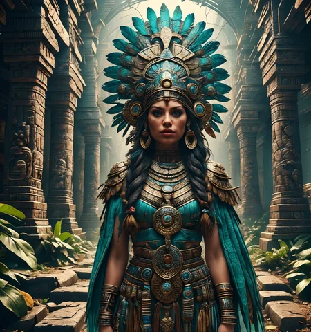 RAW photo, (masterpiece:1.3), subsurface scattering, heavy shadow, (high quality:1.4), (intricate, high detail:1.2), professional photography, HDR, High Dynamic Range, realistic, ultra realistic, photorealistic, high resolution, film photography, ambient lighting, atmospheric effects, <lora:detail_slider_v4:2>, OverallDetail, an aztec priestess, headdress, intricate robes, upper body shot, jewelry, aztcar, <lora:Aztec_Architecture:0.6>, <lora:AztecChar:0.66>, aztar, <lora:zoom_slider_v1:-3.5>