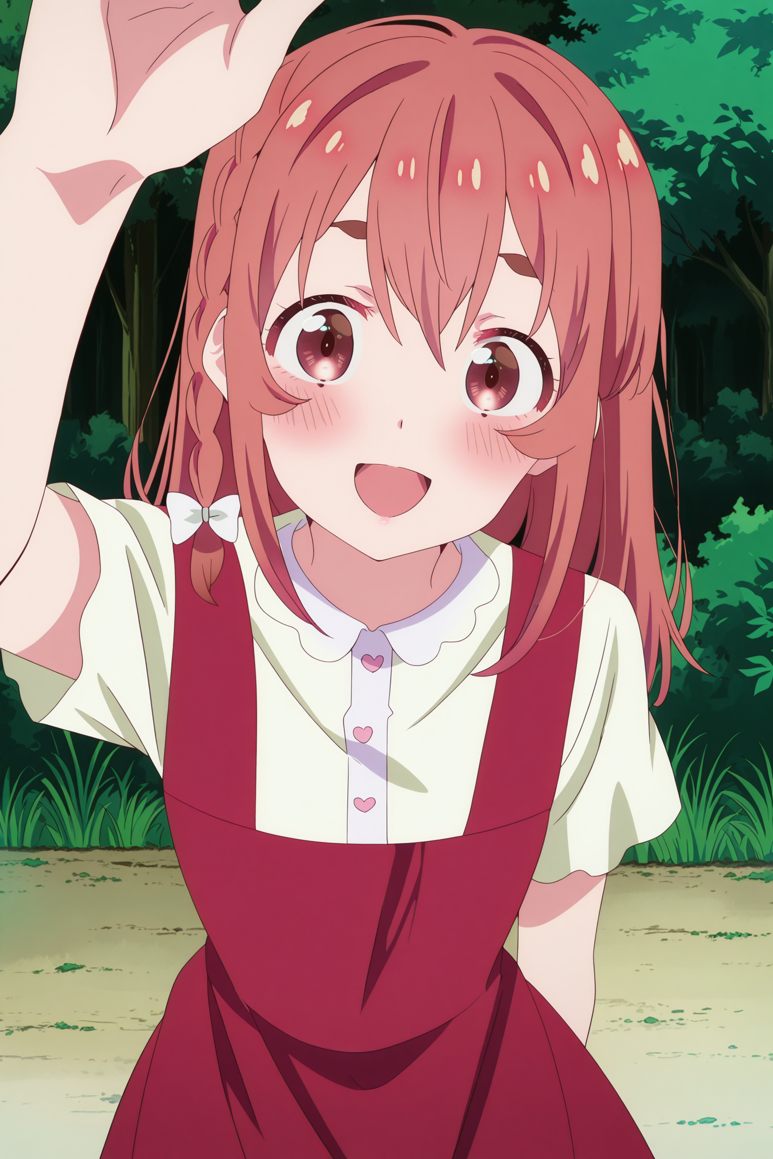 anime screencap, anime coloring, detailed face, masterpiece, best quality, very aesthetic, absurdres, volumetric lighting, official style, amazing quality, ultra detailed,  highres, amazing quality, scenery, beautiful detailed hair, beautiful detailed eyes,
<lora:Sumi_Sakurasawa_Rent-A-GirlfriendKanojo_Okarishimasu:1>
outside,
Sumi red dress (outfit), Sumi Sakurasawa (character), 1girl, dress, red hair, looking at viewer, hair bow, red dress, blush, bow, white bow, shirt, red eyes, :D, happy girl, cowboy shot,
 <lora:POV_Headpat_Helper:1>POV incoming headpat, POV headpat