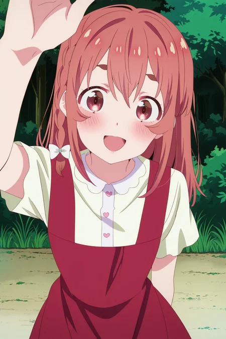 anime screencap, anime coloring, detailed face, masterpiece, best quality, very aesthetic, absurdres, volumetric lighting, official style, amazing quality, ultra detailed,  highres, amazing quality, scenery, beautiful detailed hair, beautiful detailed eyes,
<lora:Sumi_Sakurasawa_Rent-A-GirlfriendKanojo_Okarishimasu:1>
outside,
Sumi red dress (outfit), Sumi Sakurasawa (character), 1girl, dress, red hair, looking at viewer, hair bow, red dress, blush, bow, white bow, shirt, red eyes, :D, happy girl, cowboy shot,
 <lora:POV_Headpat_Helper:1>POV incoming headpat, POV headpat