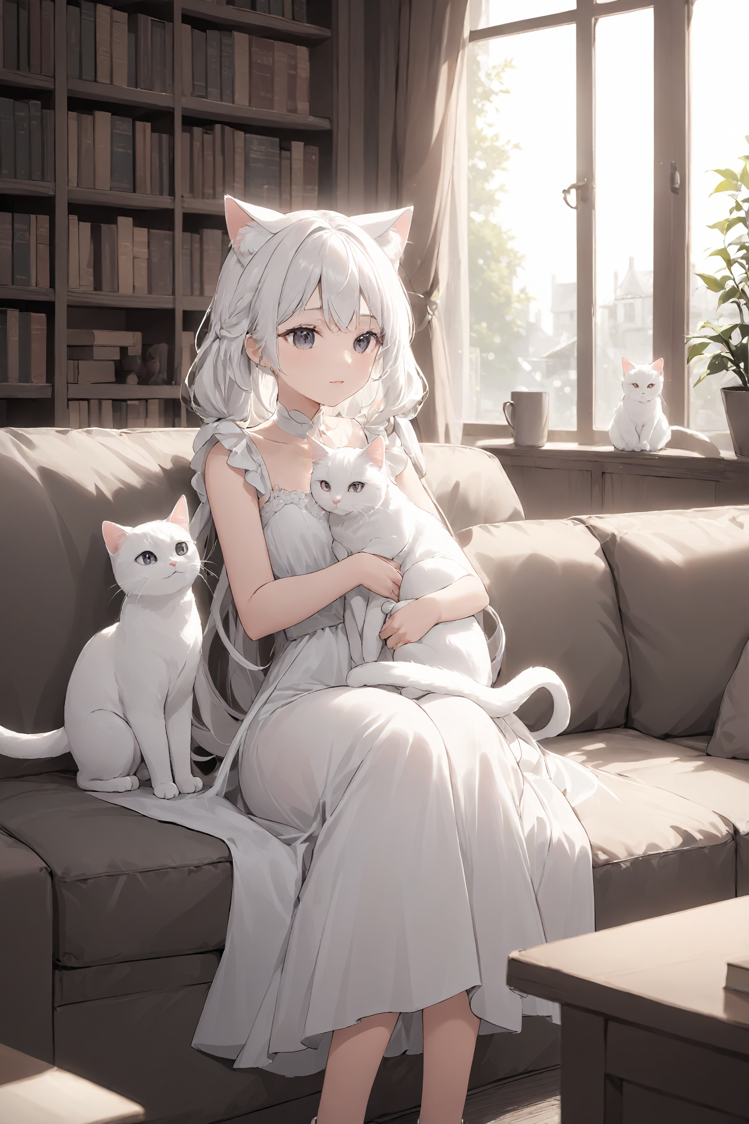 (masterpiece),(highest quality),highres,(an extremely delicate and beautiful),(extremely detailed),
a young girl with white hair and wearing a white dress sits on a couch, embracing a white cat, She has cat ears and a tail, showing her to be a feline creature like human,  with a window letting in natural light and a bookshelf full of various books, Nearby, one can see a cup placed on a table,
depth of field, blurry foreground, blurry background,
<lora:hinaigirl-animagine-civitai:0.7>