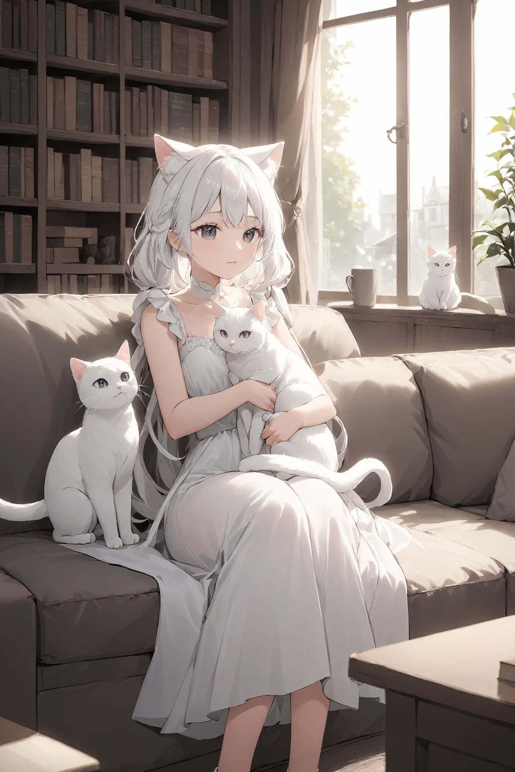 (masterpiece),(highest quality),highres,(an extremely delicate and beautiful),(extremely detailed),
a young girl with white hair and wearing a white dress sits on a couch, embracing a white cat, She has cat ears and a tail, showing her to be a feline creature like human, with a window letting in natural light and a bookshelf full of various books, Nearby, one can see a cup placed on a table,
depth of field, blurry foreground, blurry background,
<lora:hinaigirl-animagine-civitai:0.7>