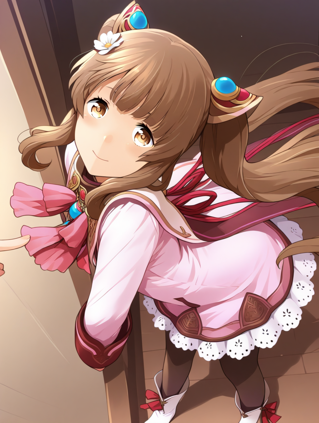 perfect quality,best quality,absolutely eye-catching,ambient occlusion,raytracing BREAK
1girl,<lora:rimuru rinnka IL v1.1:1>,rinnka,brown hair,twintails,hair ornament,pink dress,long sleeves,ribbon,lace trim,pantyhose,boots,front view,, from above, looking at viewer,wide_shot,arched_back,poking,arm_held_back,knees_to_chest,