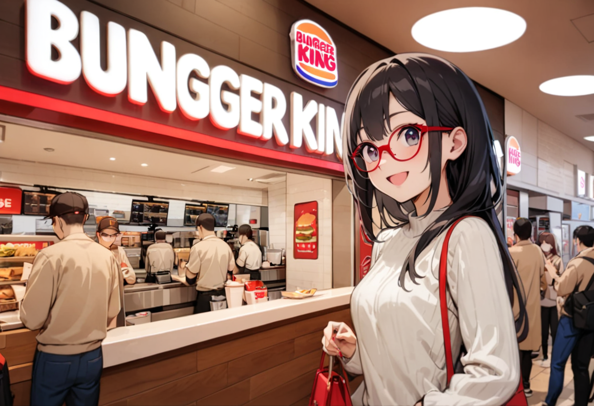 masterpiece, best quality, very aesthetic, absurdres, 
1girl, solo, glasses, black hair, long hair, white ribbed sweater, happy, smile, looking at viewer, open mouth, solo focus,
burgerking, scenery, storefront, indoors,  bag, multiple boys, 6+boys, multiple girls, handbag, city, neon lights, scenery, real world location
 <lora:burgerking_SDXL_V1:0.8>