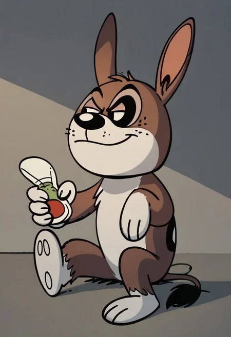 (score_9 | score_8_up | score_7_up) ((masterpiece:1))(best quality,very high quality,ultra detailed:1.2) (2D,cartoon style,anime style)(Smooth:2)(clean blurring) (four fingers on each hand,one thumb on each hand:1), solo, charles, dog, black spot on left eye, white fur, paw, dog paws, donkey dog hybrid, Full Donkey, half donkey, donkey head, donkey ears, donkey tail,