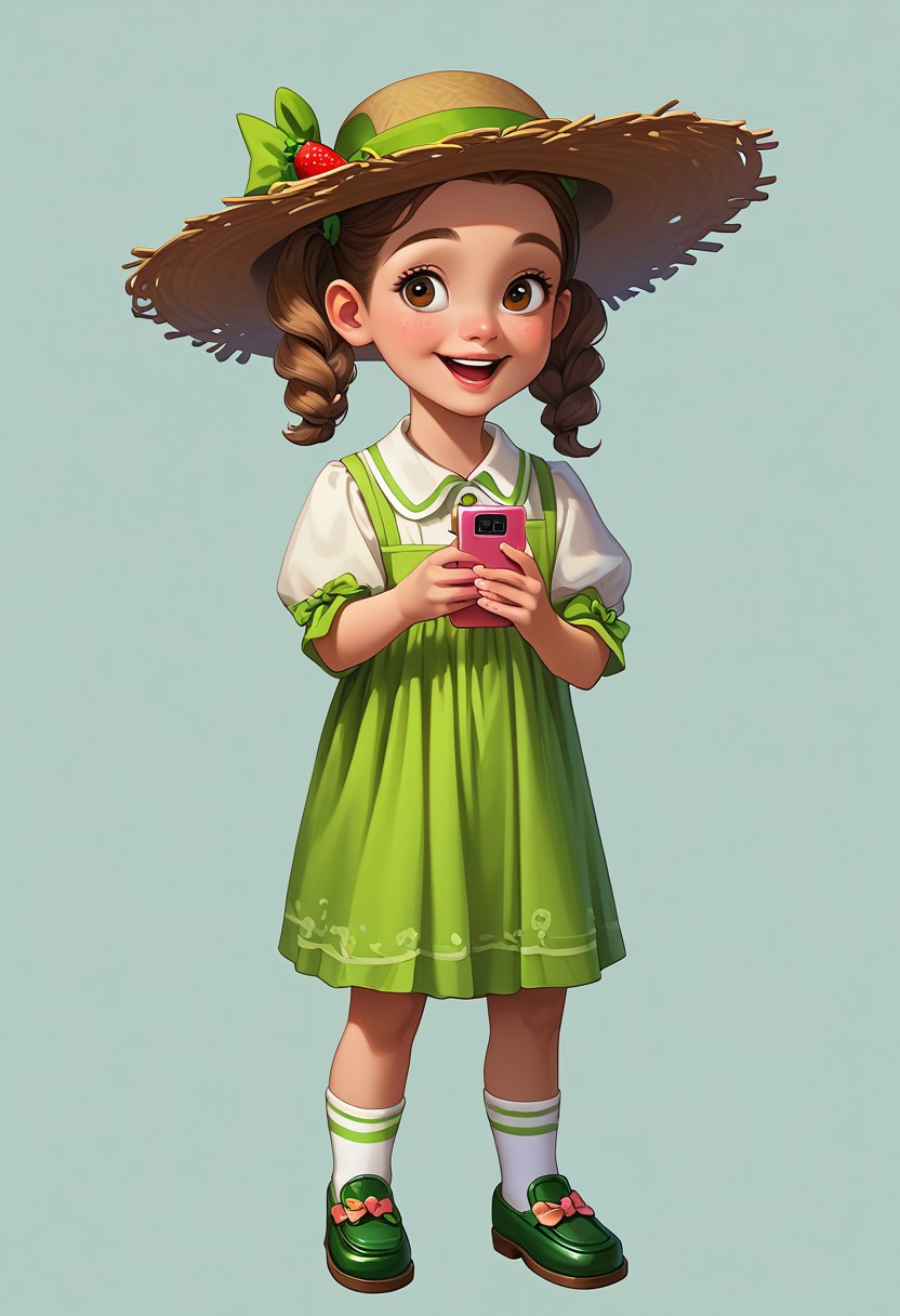score_9, score_8_up, score_7_up, mgas, masterpiece, best quality, detailed eyes, detailed face, perfect eyes, high detailed, absurdres, highres, casual game art, mobile game art, merge 3 game art, character design, BREAK 1girl, kid, child, little girl, solo, pretty, smile, open mouth, teeth, medium hair with two pigtails, pigtail secured with a green elastic band at the end, bangs, large brown eyes, light brown straw hat with a green ribbon and bow, white blouse with elbow-length sleeves, green knee-length dress, strawberry badge on the right side of the chest, green shoes, white socks, BREAK holding the phone with two hands in front of her, taking pictures on her phone, standing, cowboy shot, semi-sideways, half-sideways, looking into the distance, BREAK simple background, gray background