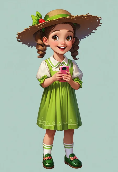 score_9, score_8_up, score_7_up, mgas, masterpiece, best quality, detailed eyes, detailed face, perfect eyes, high detailed, absurdres, highres, casual game art, mobile game art, merge 3 game art, character design, BREAK 1girl, kid, child, little girl, solo, pretty, smile, open mouth, teeth, medium hair with two pigtails, pigtail secured with a green elastic band at the end, bangs, large brown eyes, light brown straw hat with a green ribbon and bow, white blouse with elbow-length sleeves, green knee-length dress, strawberry badge on the right side of the chest, green shoes, white socks, BREAK holding the phone with two hands in front of her, taking pictures on her phone, standing, cowboy shot, semi-sideways, half-sideways, looking into the distance, BREAK simple background, gray background