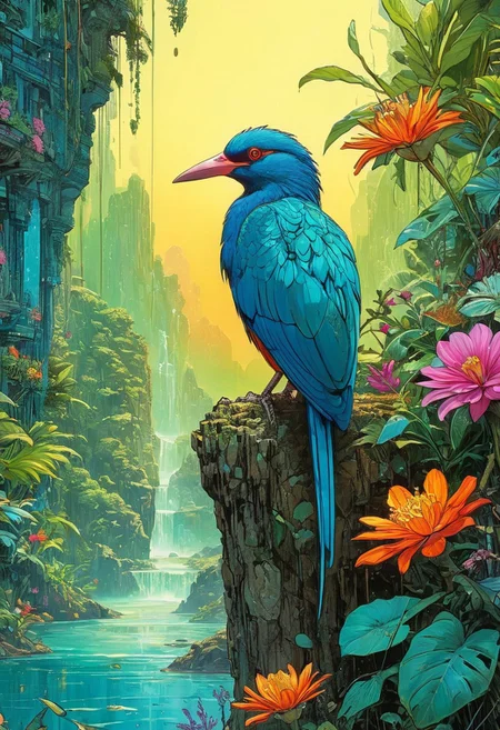 Artwork, a digital artwork, close up image of 1paradise bird, colorful, jungle, plants, flowers, water, vibrant colors, highly detailed, aesthetic, great lighting, extremely detailed, perfect composition, a vibrant tissue of hues and textures captured digitally, best quality, realistic, captivating, intricately detailed, hyper detailed, maximalist style, dynamic lighting, superb composition, finest details, highest aesthetics, best quality, sharp focus, high contrast, stylized, clear, colorful, ultra quality, whimsical, fantastic, splash art, intricate detailed, hyperdetailed, maximalist style, hyper detailed, maximalist style, concept art, sharp focus, harmony, serenity, calm, mysterious glow, dynamic lighting, superb composition, sharp focus, high contrast, stylized, clear, colorful, ultra quality, best quality, ,..(anime,cyberpunk,Moebius (Jean Giraud) Style page), comicbookpencils