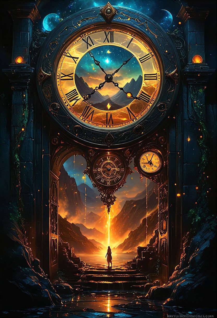 ((red-blue, artifact,
<lora:aidmaMTG-CardsXL-v0.1:1> ,mtg, mtg card)),
top- down, fantastical and surreal scene, closeup inside of an enormous ancient pocket_clock standing upright with its cover open revealing a magical portal, portal inside the pocket_clock, Through the portal is a breathtaking landscape unfolds, towering mountains, a cascading volcano, a steaming river winding through a burned forests, The edges of the pocket_clock are adorned with intricate glowing runes and vines, the clock resting on obsidian floor, mystical touch, illuminated by a crescent moon and twinkling stars, dreamlike and otherworldly atmosphere, sense of adventure and wonder, view from above, 
(score_9, score_8_up:1.1), score_7_up, a fine color ink lineart sketch, (reflective volumetric), raytracing, absurdres, dark, low-key, mtg, mtg card