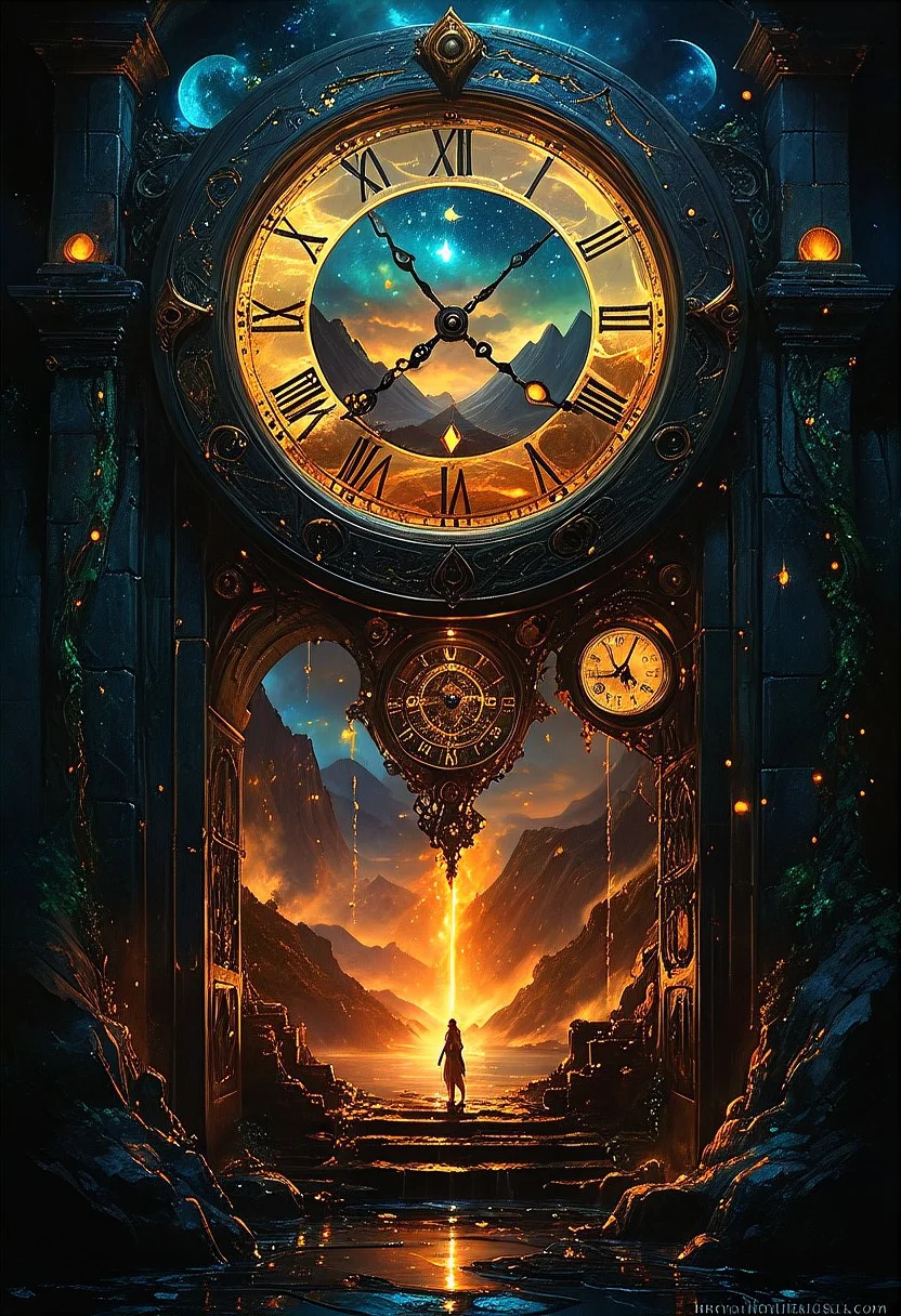 ((red-blue, artifact,
<lora:aidmaMTG-CardsXL-v0.1:1> ,mtg, mtg card)),
top- down, fantastical and surreal scene, closeup inside of an enormous ancient pocket_clock standing upright with its cover open revealing a magical portal, portal inside the pocket_clock, Through the portal is a breathtaking landscape unfolds, towering mountains, a cascading volcano, a steaming river winding through a burned forests, The edges of the pocket_clock are adorned with intricate glowing runes and vines, the clock resting on obsidian floor, mystical touch, illuminated by a crescent moon and twinkling stars, dreamlike and otherworldly atmosphere, sense of adventure and wonder, view from above,
(score_9, score_8_up:1.1), score_7_up, a fine color ink lineart sketch, (reflective volumetric), raytracing, absurdres, dark, low-key, mtg, mtg card