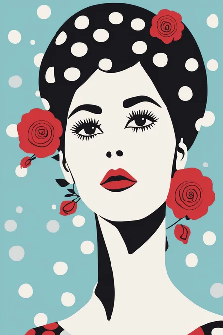 Josh Agle Style - a flat illustration of a woman with a tall beehive hairstyle, black hair, wearing a bold black and white print dress, holding deep red roses. Quirky tiny white polka dots against a light blue background. Extra long eye lashes and a long neck. 1960s mod style. in the style of Hulya Ozdemir Bold modern graphic. Paint and ink. Flat design. Stylized image. Two dimensional. Clean lines and simple design. Art nouveaux merged with pop art