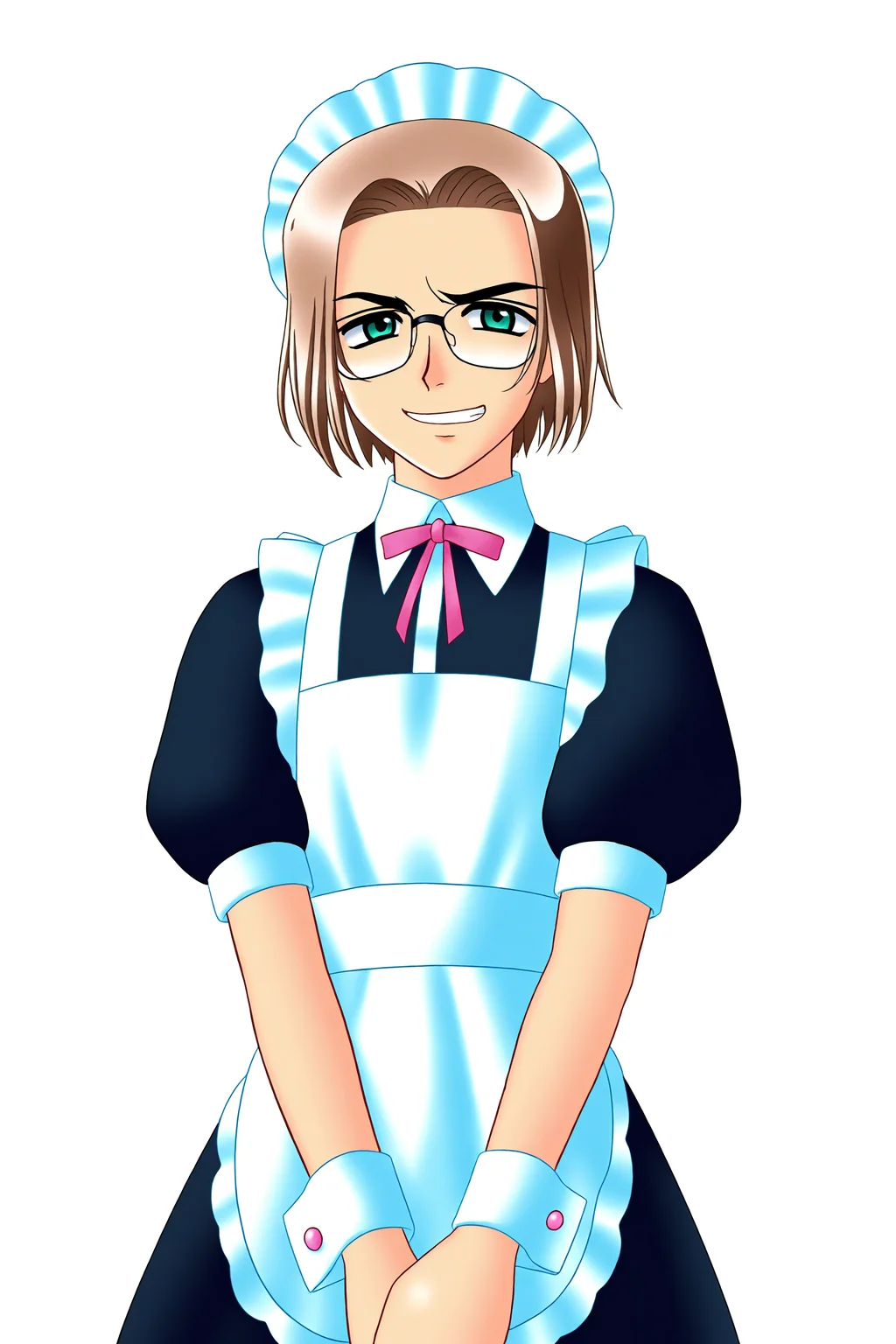higurashiog, solo, looking at viewer, smile, happy, short hair, simple background, brown hair, white background, 1boy, green eyes, upper body, male focus, glasses, wrist cuffs, maid, maid headdress, parody, clenched teeth, crossdressing, irie kyousuke, 
(masterpiece, best quality, absurdres, highres), very awa, 