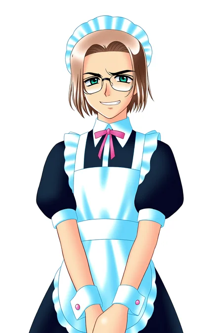 higurashiog, solo, looking at viewer, smile, happy, short hair, simple background, brown hair, white background, 1boy, green eyes, upper body, male focus, glasses, wrist cuffs, maid, maid headdress, parody, clenched teeth, crossdressing, irie kyousuke, 
(masterpiece, best quality, absurdres, highres), very awa, 