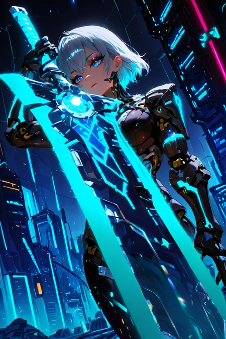 SilverPulse, runesword, 1girl, dynamic angle, A close-up shot of a cyborg girl's giant energy sword in a science fiction setting, The sword is glowing with a bright blue energy, Katana, The cyborg girl has blue eyes and her skin has a metallic sheen, She is wearing a dark outfit with multiple wires and circuits visible on her arm, The background is a futuristic city with tall buildings and neon lights, [(cyber background:1.2)::0.2], (matrix background:1.2), masterpiece, best quality, amazing quality, very aesthetic, absurdres, highres, newest, intricate details, high contrast, blight face, eyelashes, brilliant skin, shiny skin, perfect hand, HDR, 8K, <lora:SilverPulseMorphXL:1> <lora:RuneSwordXL:0.95> <lora:Anime_Style_For_Pony:1>