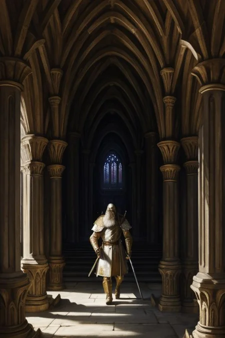 knight, armor, censer, incense, cathedral, bastard sword, holding sword, man, bearded, brown and hair, brown and grey beard, short beard, cross, pillars, marble structure, divine light, walking, journey, shadows, light shafts