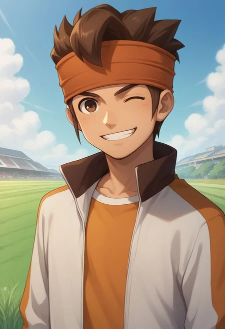 score_9, score_8_up, score_7_up, source_anime, highly detailed,
endou, 1boy, male focus, headband, solo, brown hair, brown eyes, jacket, pants, open jacket, track jacket, orange shirt, blue pants, upper body, smile, grin, wink.
outdoor, grass, sky,