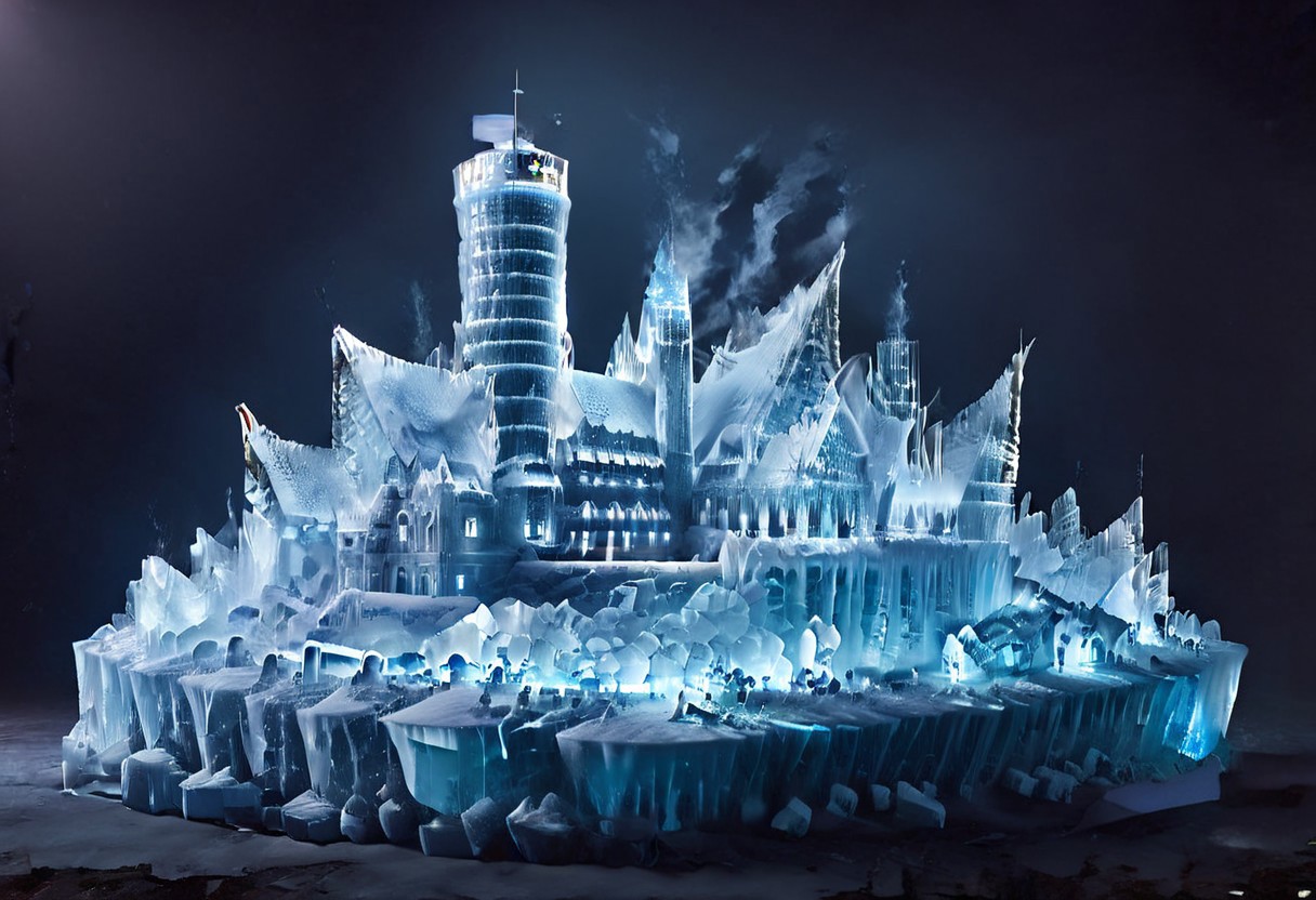 DarkFantasy, ice, ais-icebaby, made of ais-icebaby, dark, chiaroscuro, low-key, castle, porttower, kaiyomuseum, night, scenery, water, building, night sky, real world location, outdoors, cityscape, skyscraper, city, city lights, reflection, neon lights, ice_art, ice, matchcraft floating island