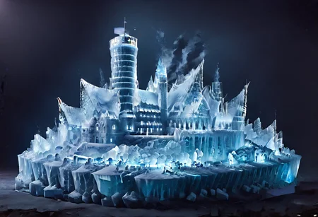 DarkFantasy, ice, ais-icebaby, made of ais-icebaby, dark, chiaroscuro, low-key, castle, porttower, kaiyomuseum, night, scenery, water, building, night sky, real world location, outdoors, cityscape, skyscraper, city, city lights, reflection, neon lights, ice_art, ice, matchcraft floating island