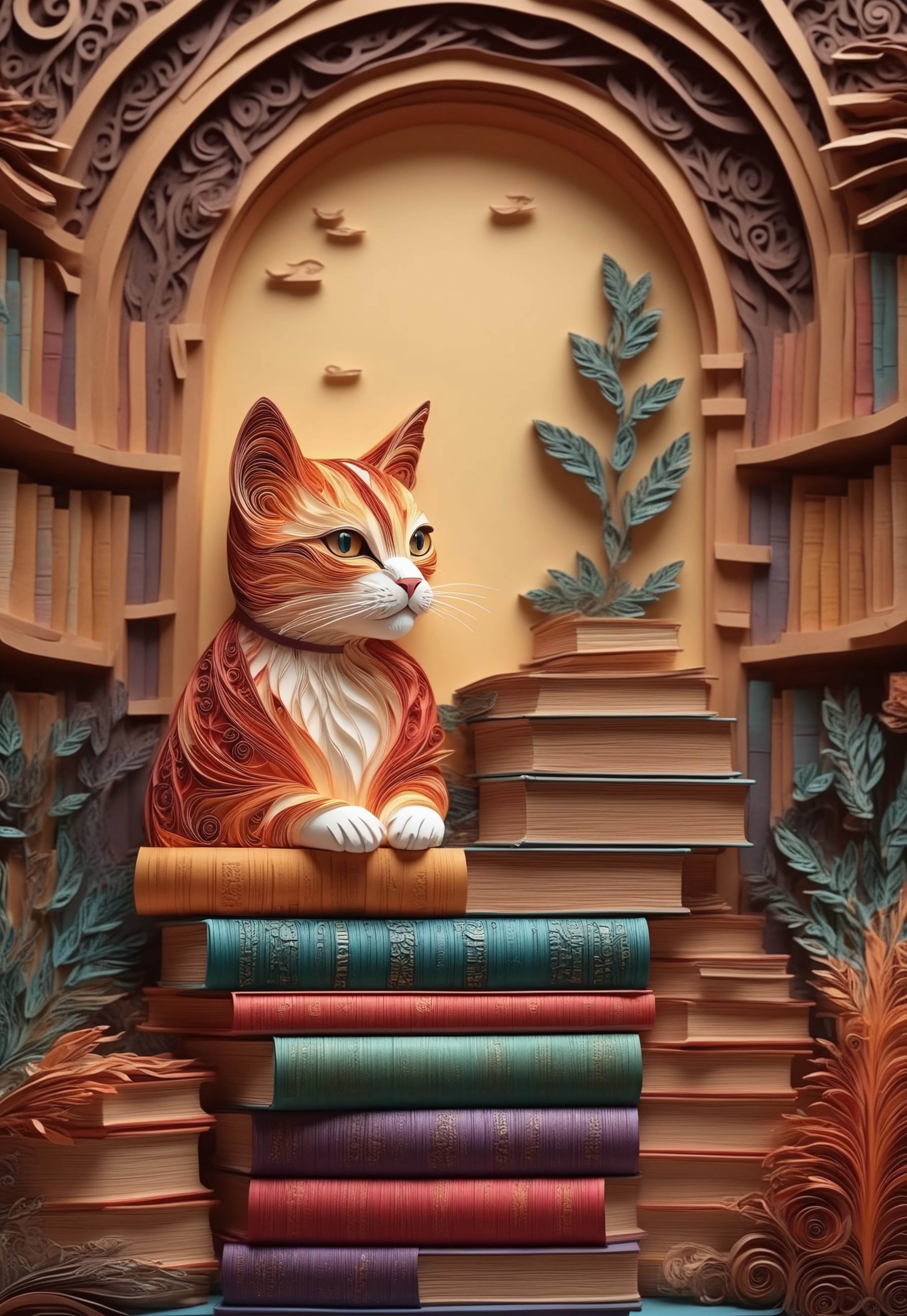 Paper quilling, layered paper. (A cat lounging on a stack of books, intricate patterns forming fur and book covers). (Background: a cozy library, with warm lighting and fine details in paper art), 4k, high quality, masterpiece, 

