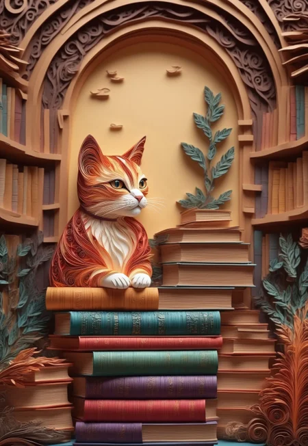 Paper quilling, layered paper. (A cat lounging on a stack of books, intricate patterns forming fur and book covers). (Background: a cozy library, with warm lighting and fine details in paper art), 4k, high quality, masterpiece, 
