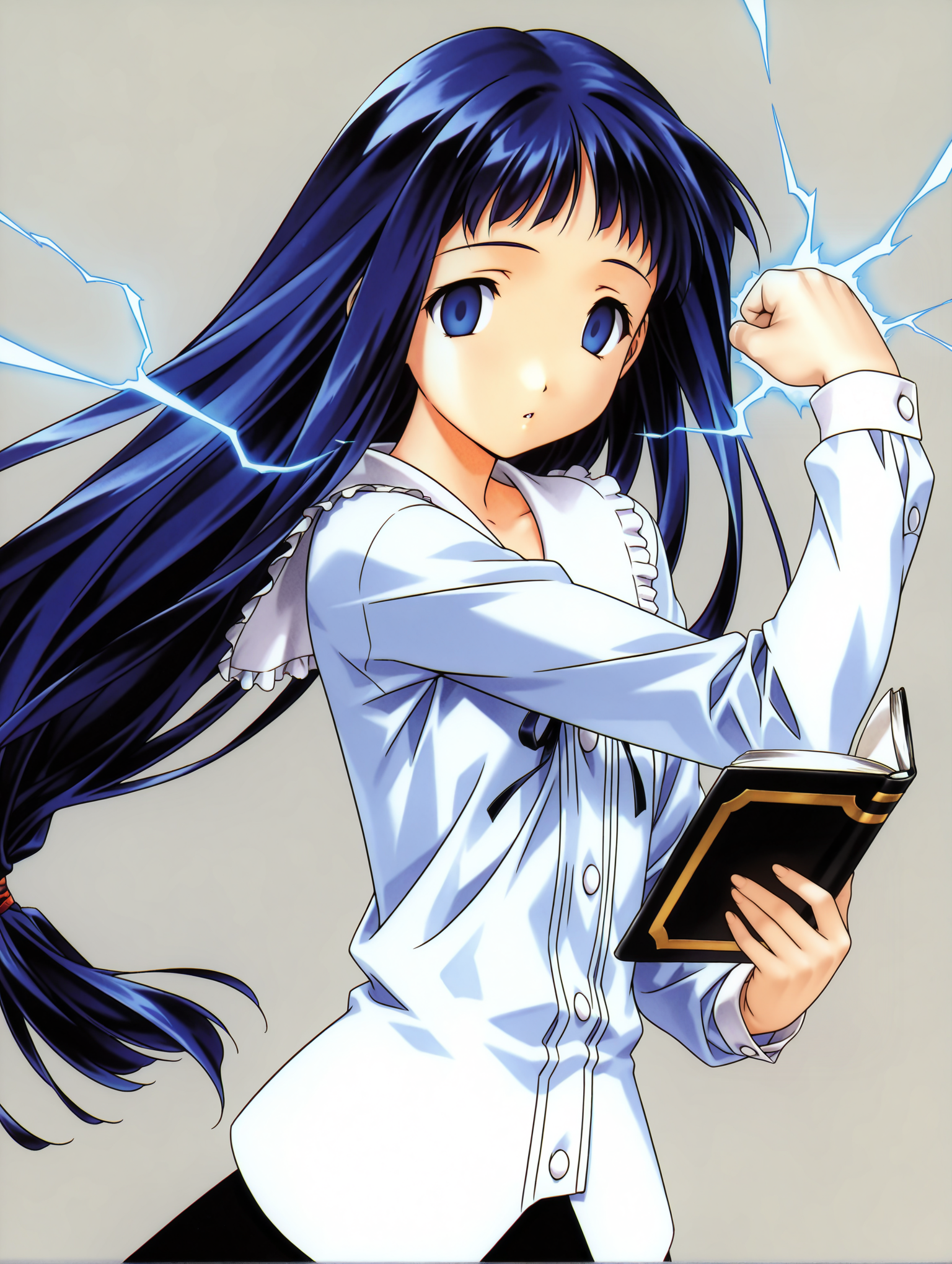 masterpiece,best quality,newest,1girl,solo,
<lora:s_yukino_ilxlv1.0:1>,s_yukino,blue hair,low-tied long hair,blue eyes,y_clothes,
purple electricity,magic,fist,clenched fist,<lora:Fixhands_anime_bdsqlsz_V1:1>,dynamic_angle,cinematic_angle,looking_at_viewer,standing,simple_background,face_focus,parted lips,spread legs,fighting_stance,reaching,expressionless,empty eyes,holding_book,upper_body,