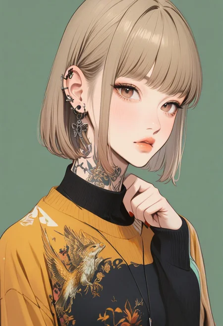 1girl, stylish, tattoo neck