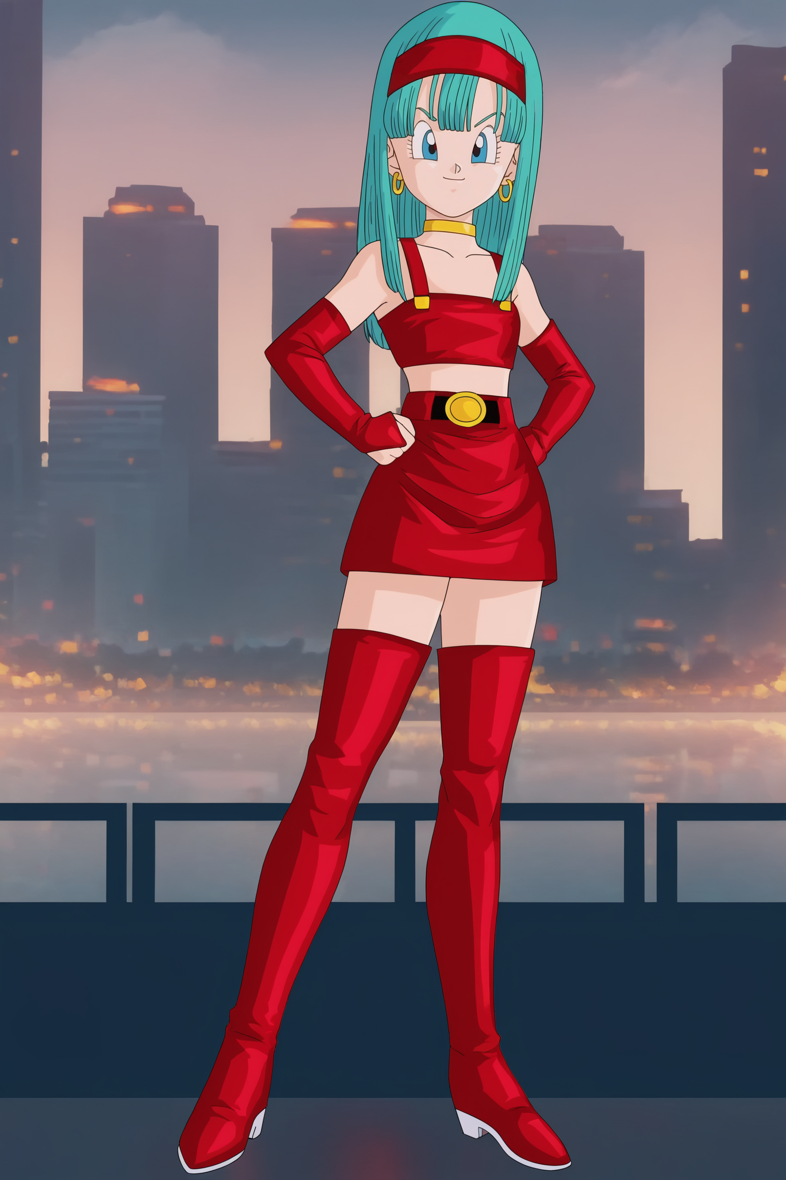 source_anime, score_9, score_8_up, score_7_up, anime screencap, absurdres,
bra \(dragon ball\), official style, 1girl, solo, aqua hair, long hair, blue eyes, collarbone, looking at viewer, smile, red hairband, red armwear, red crop top, midriff, bare shoulders, belt, blunt bangs, eyebrows, hoop earrings, eyelashes, bridal gauntlets, miniskirt, red skirt, thigh boots, red footwear, standing, full body, sky, night, building, hands on hips, city, cityscape, clenched hand, choker, flat chest, legs together, leather, straight hair
 <lora:bra_v1:0.8>