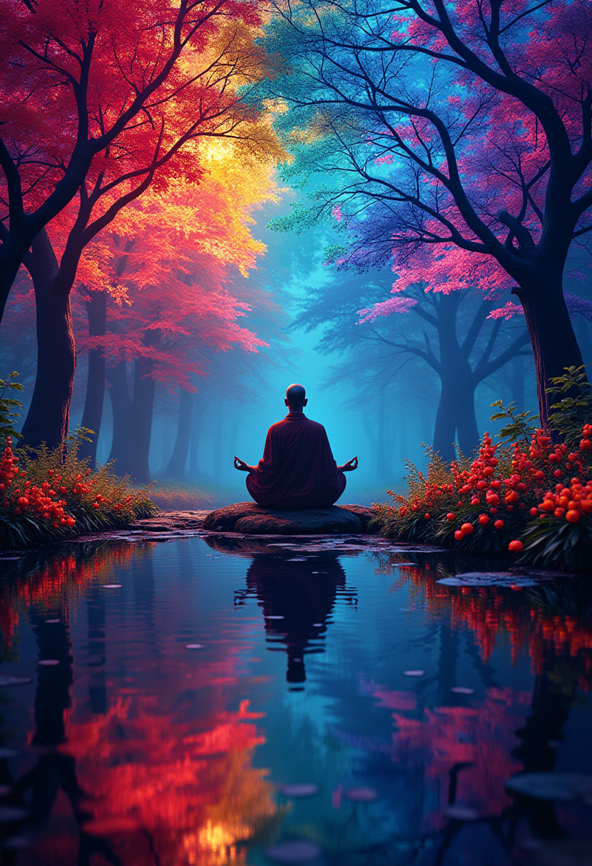 Double exposure effect, outline of a monk meditating, inside a monk meditates by a pond with large rainbow colorful trees and flowers surrounding him.  photorealistic, vibrant colors, cinematic, science fiction, neon-lit background, aidmaglow