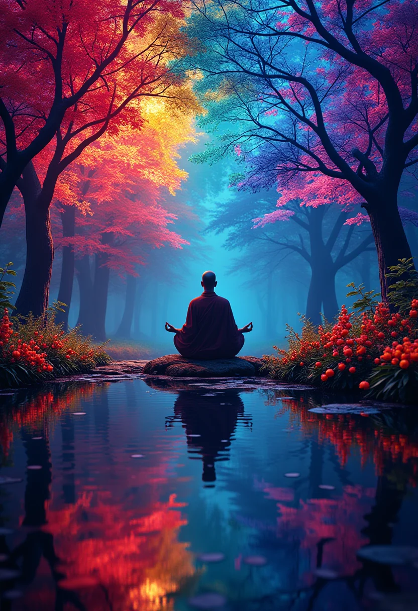 Double exposure effect, outline of a monk meditating, inside a monk meditates by a pond with large rainbow colorful trees and flowers surrounding him. photorealistic, vibrant colors, cinematic, science fiction, neon-lit background, aidmaglow