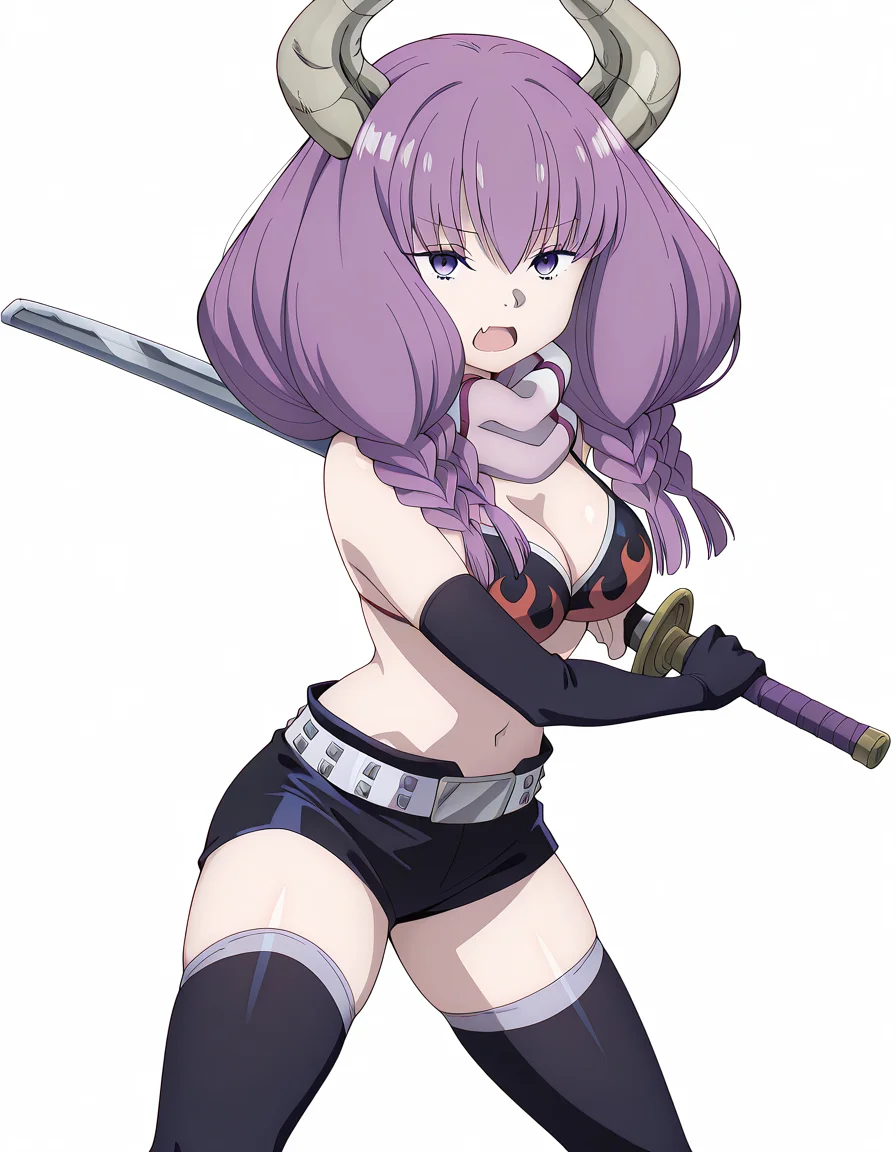 masterpiece, best quality, amazing quality,, <lora:aura-the-guillotine-s1-illustriousxl-lora-nochekaiser:1>, aura the guillotine, aura (sousou no frieren), long hair, purple eyes, purple hair, braid, horns, twin braids, mature female, medium breasts, anime screencap, <lora:yoko-littner-cosplay-illustriousxl-lora-nochekaiser:1>, yoko littner cosplay, yoko littner (cosplay), bikini top only, no shirt, belt, shorts, black shorts, short shorts, elbow gloves, gloves, thighhighs, scarf, flame print, navel, midriff,, <lora:battoujutsu-stance-illustriousxl-lora-nochekaiser:1>, battoujutsu stance, looking at viewer, holding, weapon, sword, holding weapon, holding sword, standing, katana, sheath, sheathed, fighting stance, ready to draw, skin_fang, open mouth, <lora:transparent-background-illustriousxl-lora-nochekaiser:1>, transparent background, simple background, white background, ,