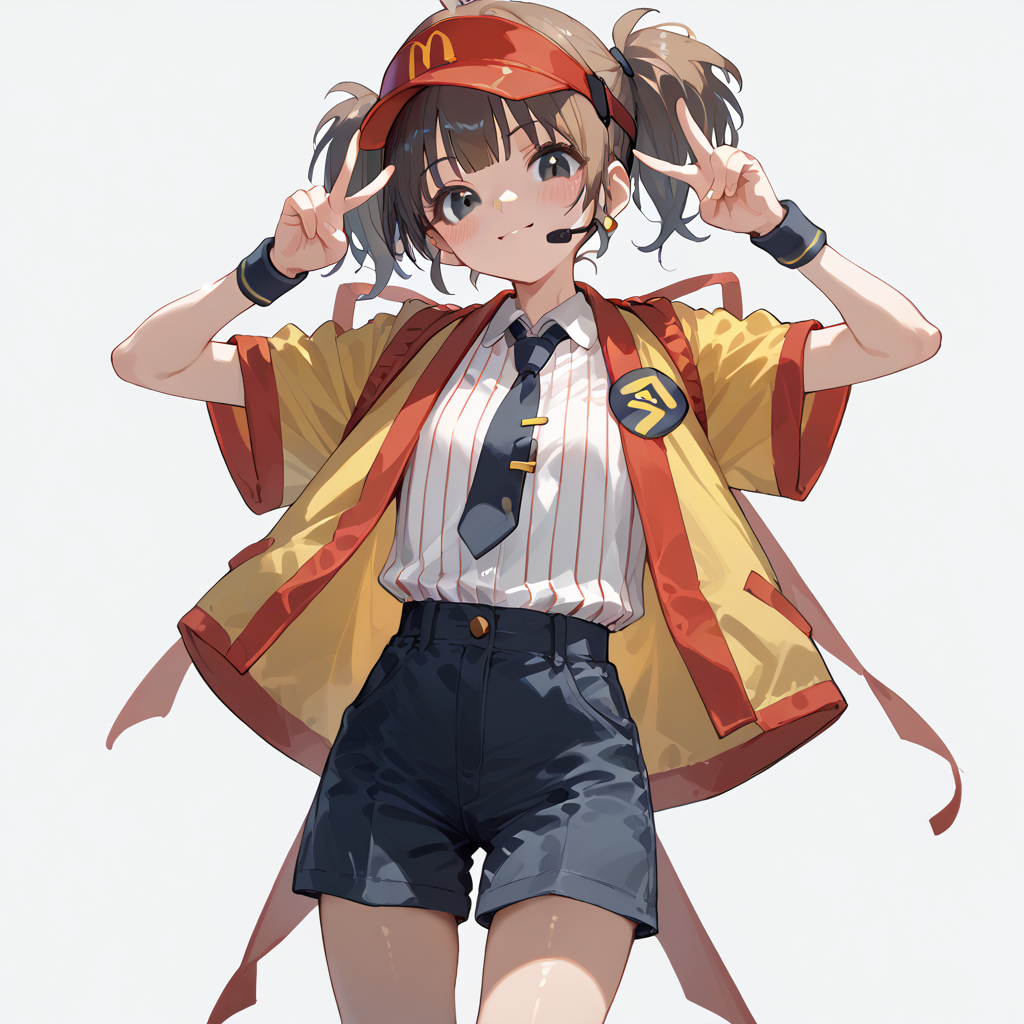 score_9, score_8_up, score_7_up, simple background, double_v,
1girl, tabemi, visor cap, shorts,
<lora:tabemi_pony_v1:1>
