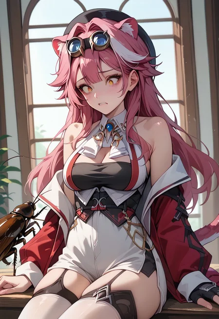 score_9, score_8_up, score_7_up, adult woman,
(scared:0.8),
cockroach, bug, giant cockroach sitting on a window,
RaoraPanthera, cat ears, single white streak, long hair, black hat, goggles on head, detached collar, brooch, white shirt, sleeveless shirt, red jacket, cleavage, black corset, white shorts, high-waist shorts, fingerless gloves, single glove, garter straps, white thighhighs, cat tail,
indoors