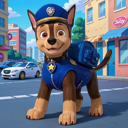 score_9, score_8_up, score_7_up, score_6_up, source_cartoon, Chase(PP), solo, 1boy, feral, German shepherd, dog, brown and tan fur, brown eyes, black nose, thin tail, black collar, star (symbol) tag, blue police vest, blue police hat, blue backpack, full body, looking at viewer, standing, smile, sunny, city background,
