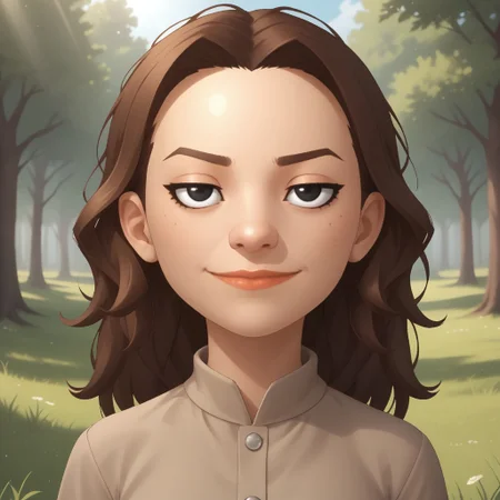 score_9, score_8, BREAK, solo, wii, mii, wii sports resort, female mii, 1girl, cute, brown hair, messy hair, sleepy eyes, black eyes, linear eyebrows, lips, wide lips, brown clothing, black pants, flip flops, breasts, Tomoko_(\Wii_Sports_Resort\), Nintendo Mii, modern_mii, classic_mii, half circle eyes, sexy pose, smile, outdoors, sunlight, shadows, evening lighting, natural lighting, forest, trees, grass, orange sky, sunset