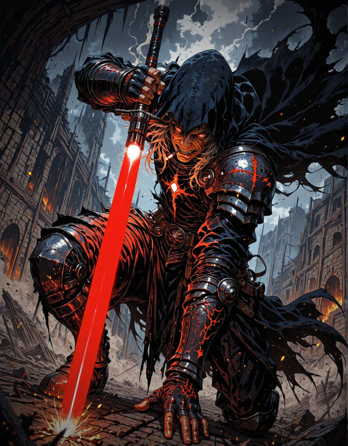 masterpiece, best quality,high quality, newest, highres,8K,HDR,absurdres, 1boy, solo, Sith, young, red lightsaber, evil, handsome, hood, long hair, broken battlefield, smoking ruins, defeated dragon in background, medieval fantasy, determined expression, torn cape, glowing embers, bloodstained gauntlets, cinematic lighting, dynamic pose, foreshortening, intense depth of field, epic composition, heroic warrior, gritty realism, medieval battlefield, dust and ash in air, intricate details, medieval legend aesthetic., detailed background, dynamic pose, dynamic composition,dutch angle, detailed backgroud,foreshortening,blurry edges, <lora:iLLMythM4gicalL1nes:1> M4gicalL1nes