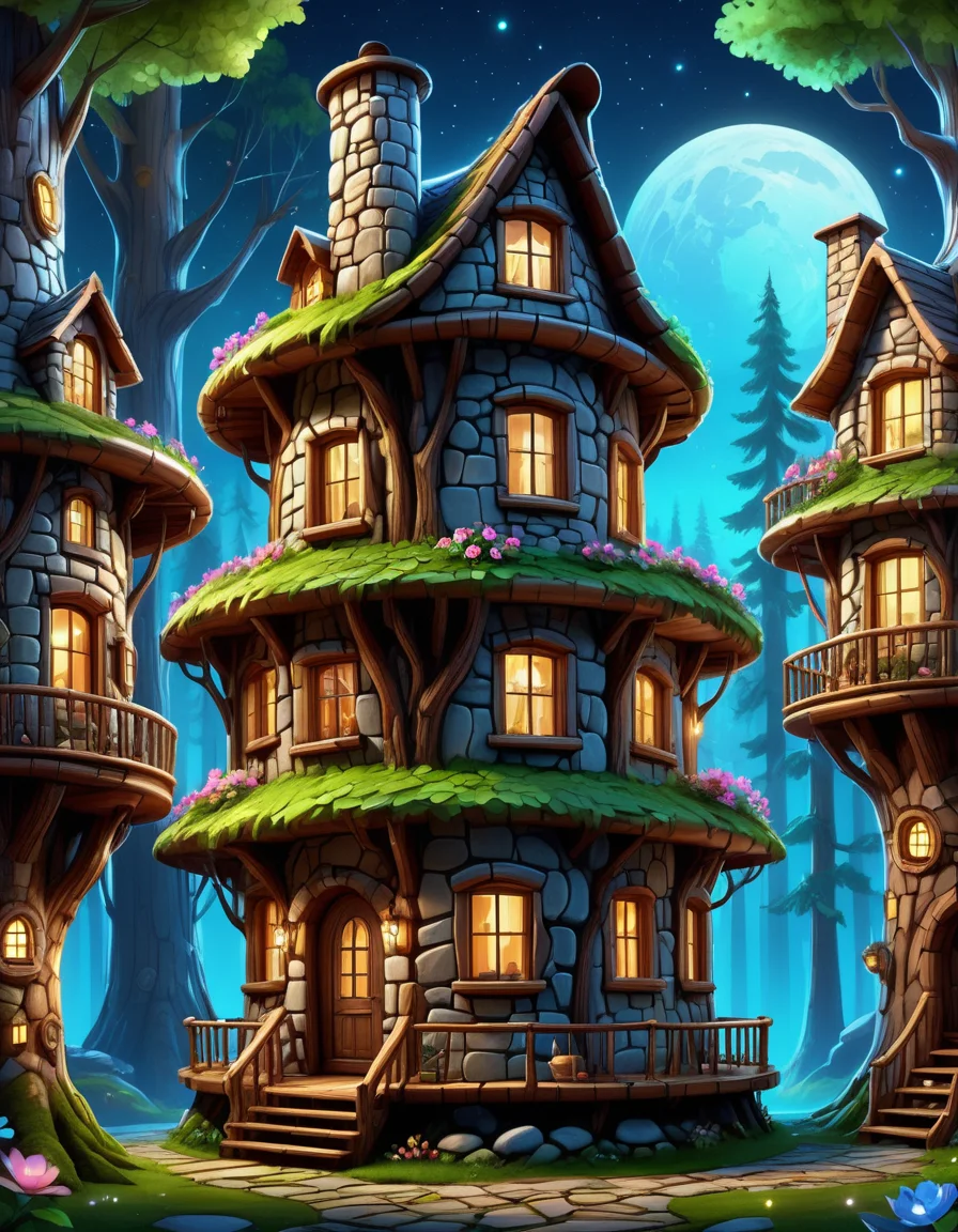 Character Design Sheet of high quality, masterpiece, forest scene, cute 3 storey stone round house, lots of windows, chimneys, flowers at the front, night time <lora:extremely_detailed:0.4> extremely detailed <lora:BorkStyle:0.8> Jed-brk <lora:CS3:0.8> Cyberspace, Digital Cyberspace theme, ((created by glowing magical energy in cyberspace)), character reference sheet, character turn around
