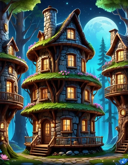 Character Design Sheet of high quality, masterpiece, forest scene, cute 3 storey stone round house, lots of windows, chimneys, flowers at the front, night time <lora:extremely_detailed:0.4> extremely detailed <lora:BorkStyle:0.8> Jed-brk <lora:CS3:0.8> Cyberspace, Digital Cyberspace theme, ((created by glowing magical energy in cyberspace)), character reference sheet, character turn around