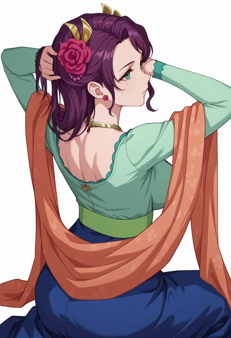 Smooth Quality,masterpiece,very intricate, high quality details, ultra realistic, high detailed skin,detailed enviorement,absurdres,
simple background, white background, from behind,
reclining, arms folded behind head, one knee bent, looking up, peaceful mood,  ,serious,partially undressed, 
 <lora:Meimei_CNR:0.8> meimei_cnr, 1girl,purple hair,long hair, green eyes, mole under eye,large breasts, collarbone,green shirt, long sleeves,blue long skirt,orange shawl, hair flower,earrings, necklace,