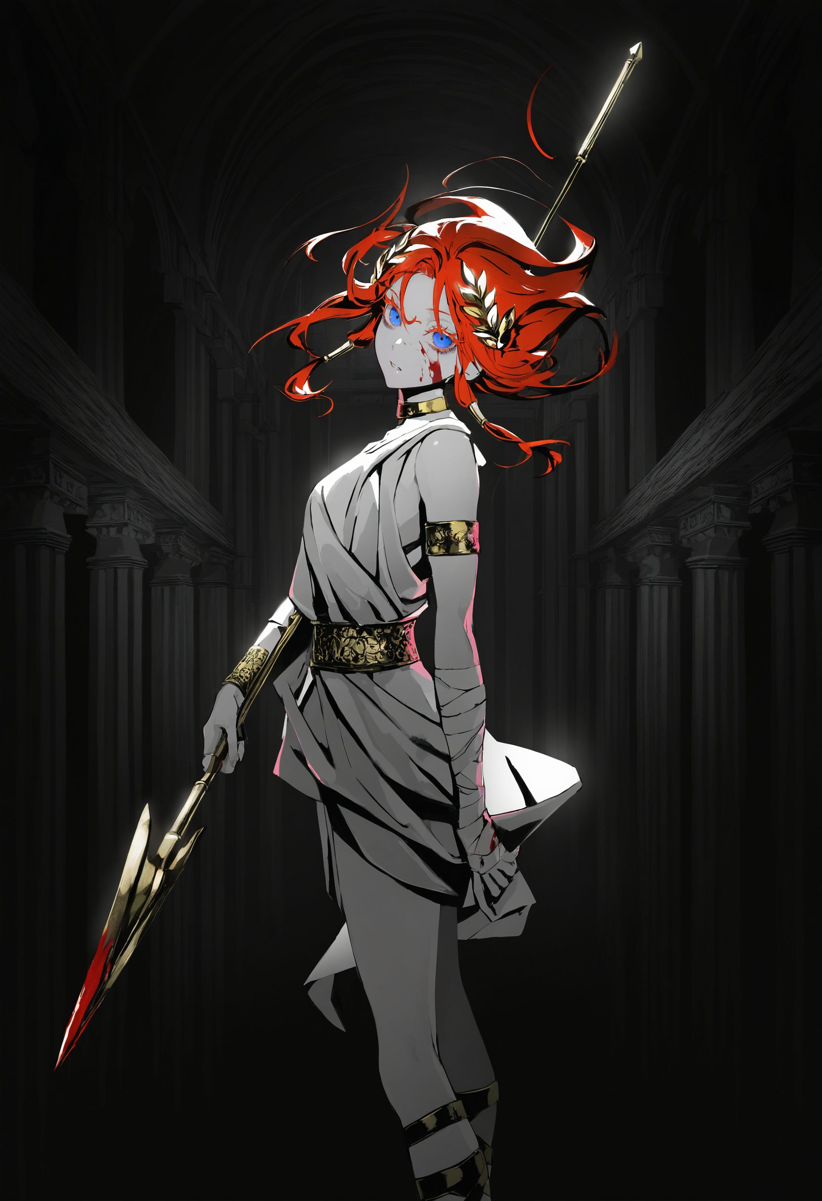 artist:[diyokama|say hana|yoneyama mai|lam \(ramdayo\)], rotational symmetry,
1girl, solo, toga, red hair, greco-roman clothes, ancient greek clothes, gold choker, laurel crown, gladiator sandals,
looking at viewer, colored eyelashes, long eyelashes, blue eyes, gold hair tubes, parted lips, bags under eyes,
greco-roman architecture, bandages, blood on face, holding spear, from side, 
dark, black theme, high contrast, backlighting, spot color, monochrome,
masterpeice, best quality, very aesthetic, absurdres
<lora:noobai_vpred_1_masterpieces_v23:1>
