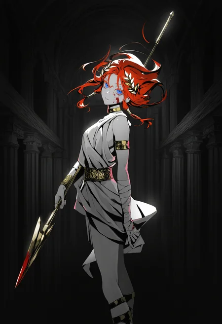 artist:[diyokama|say hana|yoneyama mai|lam \(ramdayo\)], rotational symmetry,
1girl, solo, toga, red hair, greco-roman clothes, ancient greek clothes, gold choker, laurel crown, gladiator sandals,
looking at viewer, colored eyelashes, long eyelashes, blue eyes, gold hair tubes, parted lips, bags under eyes,
greco-roman architecture, bandages, blood on face, holding spear, from side, 
dark, black theme, high contrast, backlighting, spot color, monochrome,
masterpeice, best quality, very aesthetic, absurdres
<lora:noobai_vpred_1_masterpieces_v23:1>