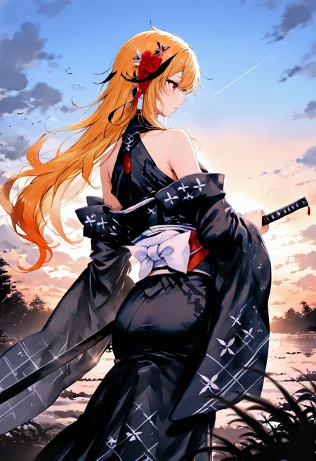 masterpiece,best quality, absurdres, evening light, night sky, twilight, stars, 5fingers, 5 fingers,
cinematic lighting, natural shadow,highest detail, detailed background, intricate scenery, detailed landscape, depth of field,insane details,intricate, erotic and aesthetic, subsurface scattering,
1girl, aesthetics, serene atmosphere,
park, flowers, sky, blue sky,
finely detailed face, beautiful face,
<lora:kaelaIL:1> kaelaIL, kaelakimono, japanese clothes, black kimono, wide sleeves, hair flower, bare shoulders, long hair,
holding sword unsheathing, light particles, katana, holding sword upwards, holding sword overhead, scabbard,
<lora:TER_ILL_V1:0.35>
<lora:InkWashpainting:1.5>